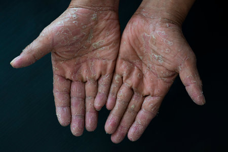 Chemical dermatitis and severe allergic reactions. There is peeling skin on the palms and feet.の写真素材