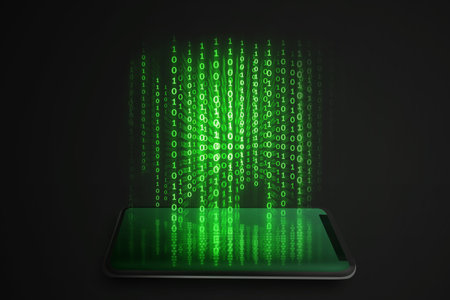 Digital codes 1 and 0 to represent the digital data leaving the smartphone. Modern technology concept.の写真素材