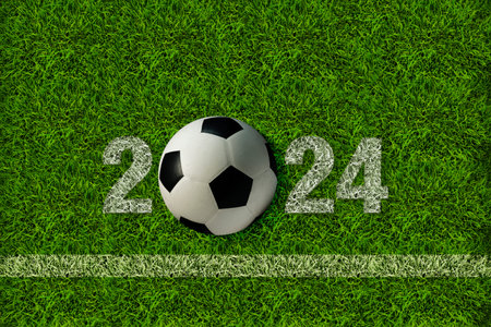 Top view of soccer ball on soccer field with 2024. Tournament concept.の写真素材