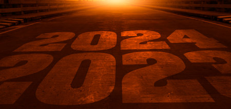 2023-2024 written on the streets of the empty bridge. Concept for future vision.の写真素材