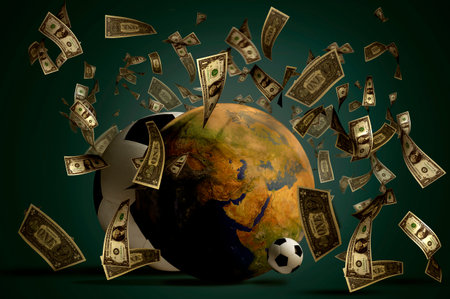 Soccer ball hidden behind the globe and dollar bills floating. Betting concept.の写真素材