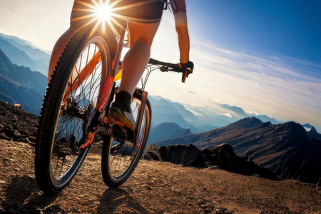Low angle view of back of mountain biker's bicycle wheel as he rides aggressively on rough trail. Illustration by AI.の素材
