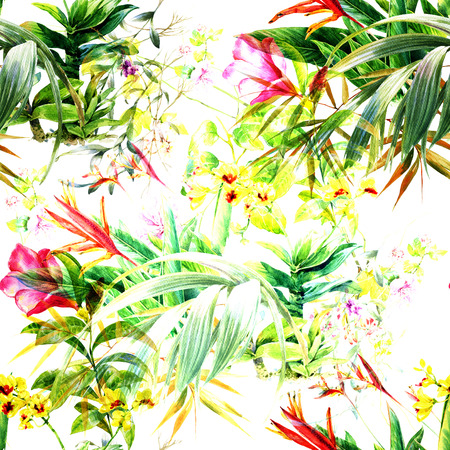 Watercolor painting of leaf and flowers, seamless pattern on white backgroundの写真素材