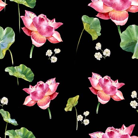 Watercolor illustration painting of leafs and lotus , seamless pattern on dark backgroundの写真素材