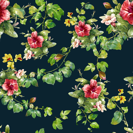Watercolor painting of leaf and flowers, seamless pattern on dark background,の写真素材