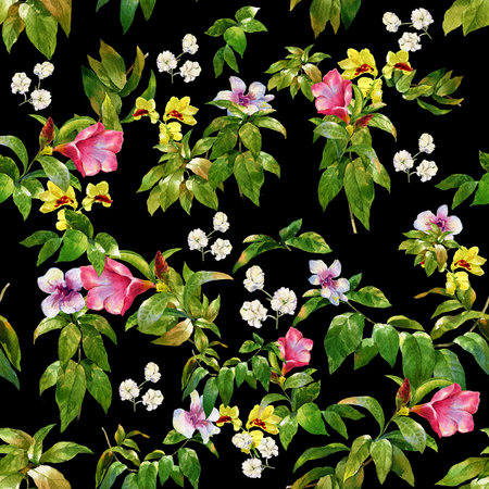 Watercolor painting of leaf and flowers, seamless pattern on dark background,の写真素材