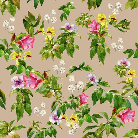Watercolor illustration of leaf and flowers, seamless patternの写真素材