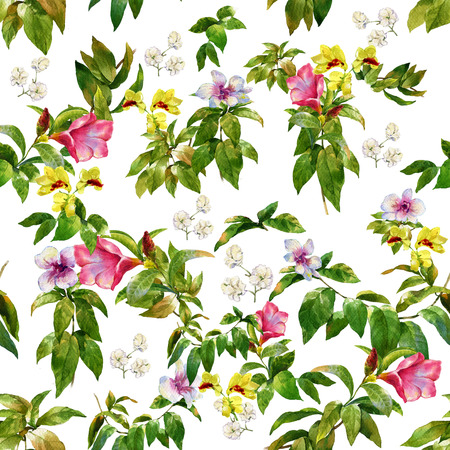 Watercolor painting of leaf and flowers, seamless pattern on white backgroundの写真素材