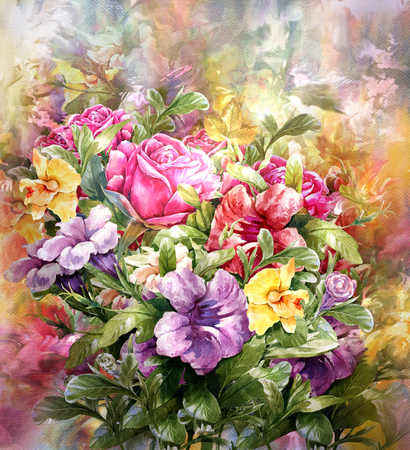 Bouquet of multicolored flowers watercolor painting styleの写真素材