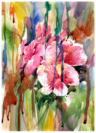 Abstract flowers watercolor painting. Spring multicolored flowersの写真素材