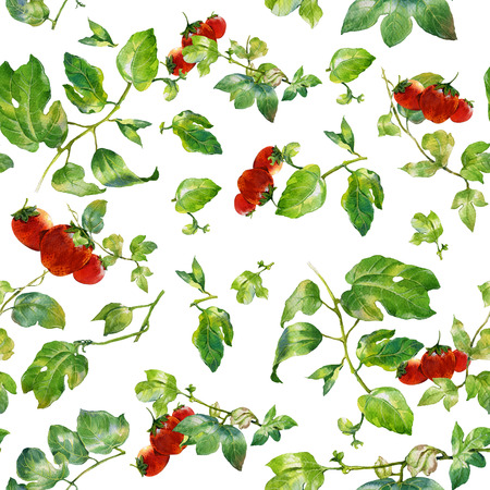 Watercolor illustration of leaf and Strawberry, seamless pattern on white backgroundの写真素材