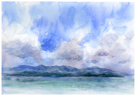 seascape watercolor paintingの写真素材