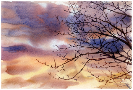 Watercolor painting of sky and clouds at eveningの写真素材