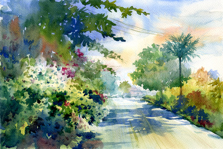 watercolor painting of autumn landscape with a beautiful road with colored treesの写真素材