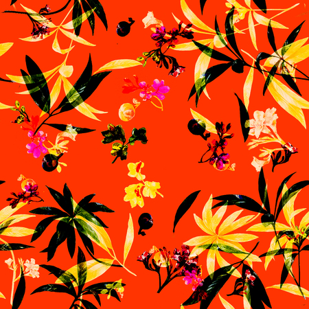 Watercolor illustration painting of leaf and flowers, seamless pattern on Orange backgroundの写真素材