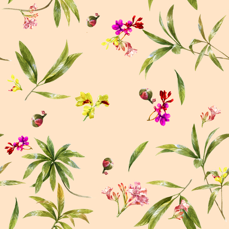 Watercolor illustration painting of leaf and flowers, seamless pattern on pink backgroundの写真素材