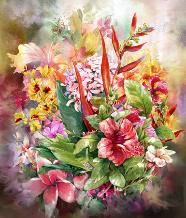 Bouquet of multicolored flowers watercolor painting styleの写真素材