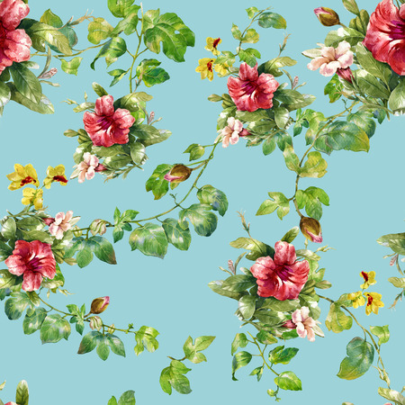 Watercolor illustration of leaf and flowers, seamless pattern on blue backgroundの写真素材