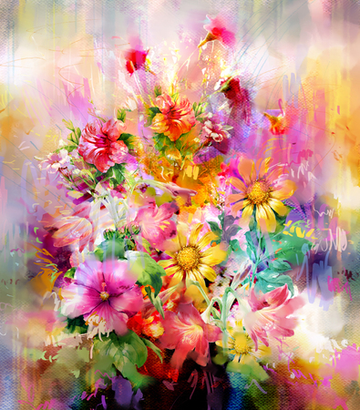 Bouquet of multicolored flowers watercolor painting styleの写真素材