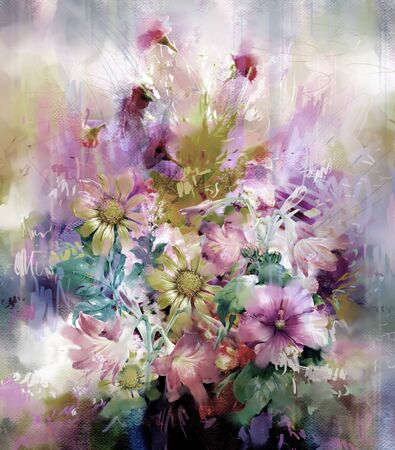 Bouquet of multicolored flowers watercolor painting styleの写真素材