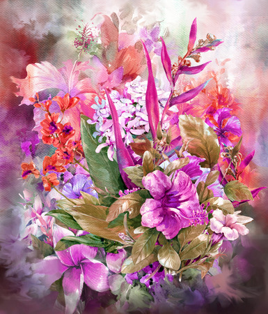 Bouquet of multicolored flowers watercolor painting styleの写真素材