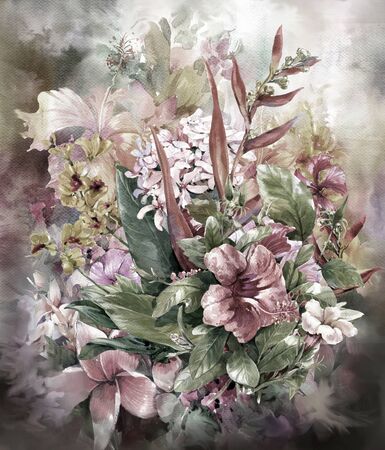 Bouquet of multicolored flowers watercolor painting styleの写真素材