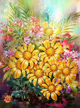 Bouquet of multicolored flowers watercolor painting styleの写真素材