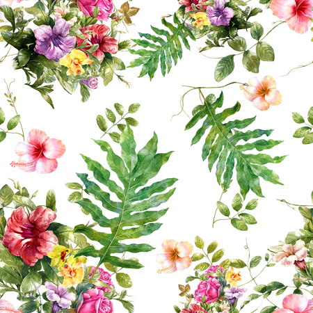Watercolor painting of leaf and flowers, seamless pattern on white backgroundの写真素材