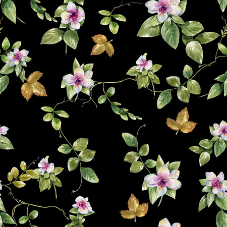 Watercolor painting of leaf and flowers, seamless pattern on dark background,の写真素材