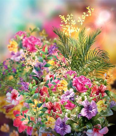 Bouquet of multicolored flowers watercolor painting styleの写真素材