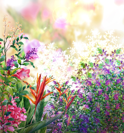 Abstract flowers watercolor painting. Spring multicolored flowersの写真素材