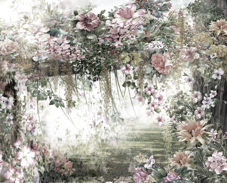 Abstract flowers watercolor painting. Spring multicolored flowersの写真素材