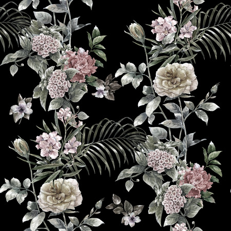 Watercolor painting of leaf and flowers, seamless pattern on dark background,の写真素材