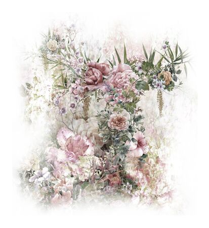 watercolor painting of leaves and flower, on white backgroundの写真素材