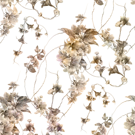 Watercolor painting of leaf and flowers, seamless pattern on white backgroundの写真素材
