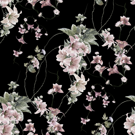 Watercolor painting of leaf and flowers, seamless pattern on dark backgroundの写真素材