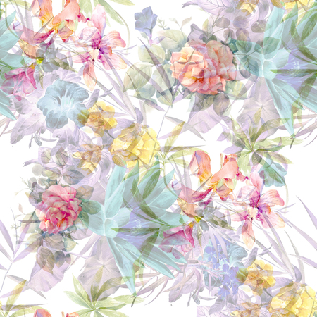 Watercolor painting of leaf and flowers, seamless pattern on white backgroundの写真素材