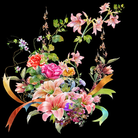 watercolor painting of leaves and flower, on dark background の写真素材