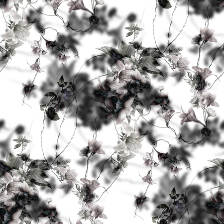 Watercolor painting of leaf and flowers, seamless pattern on white backgroundの写真素材