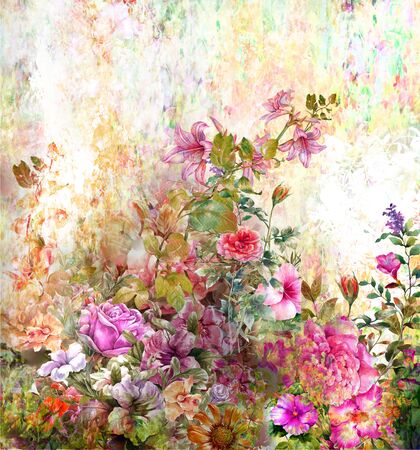 Abstract colorful flowers watercolor painting. Spring multicolored in natureの写真素材