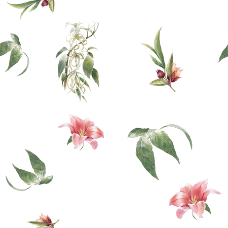 Watercolor painting of leaf and flowers, seamless pattern on white backgroundの写真素材