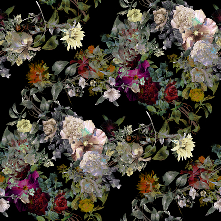 Watercolor painting of leaf and flowers, seamless pattern on dark backgroundの写真素材