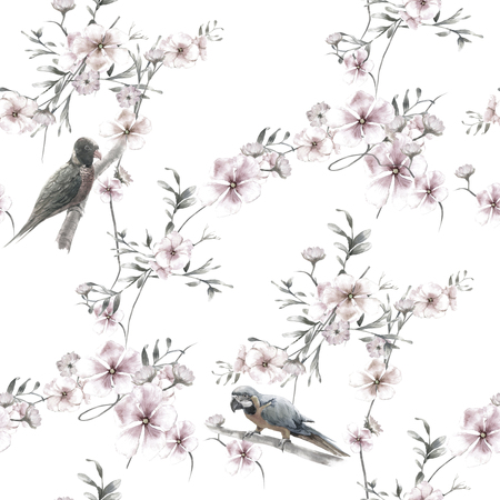 Watercolor painting with birds and flowers, seamless pattern on white backgroundの写真素材