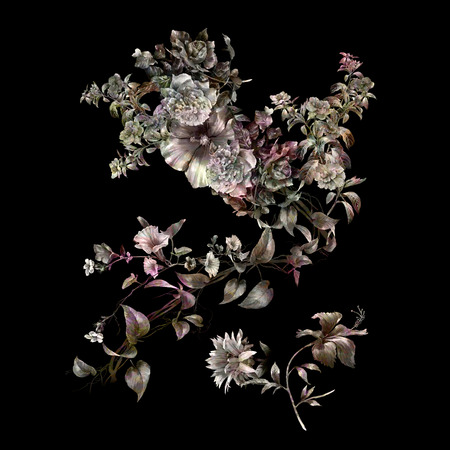 watercolor painting of leaves and flower, on dark backgroundの写真素材