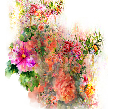 watercolor painting of leaves and flower, on white backgroundの写真素材