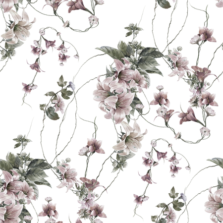 Watercolor painting of leaf and flowers, seamless pattern on white backgroundの写真素材