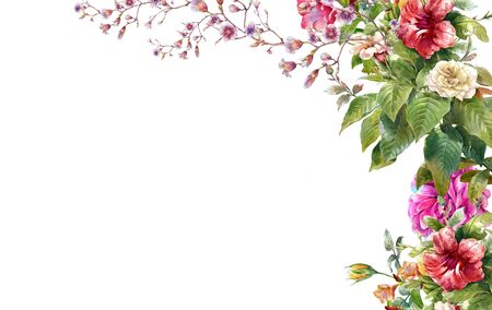 watercolor painting of leaves and flower, on white backgroundの写真素材