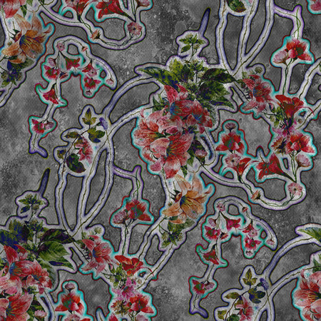Watercolor painting of leaf and flowers, seamless patternの写真素材