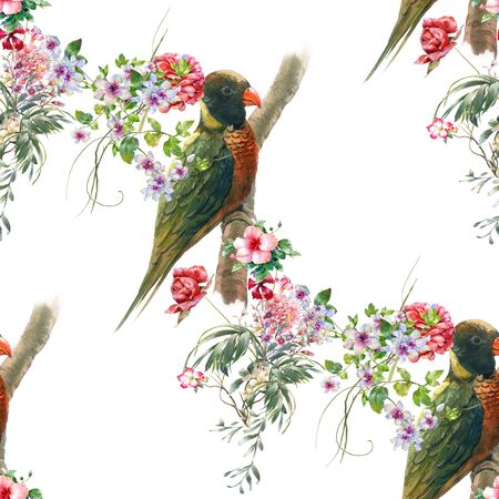 Watercolor painting with birds and flowers, seamless pattern on white backgroundの写真素材