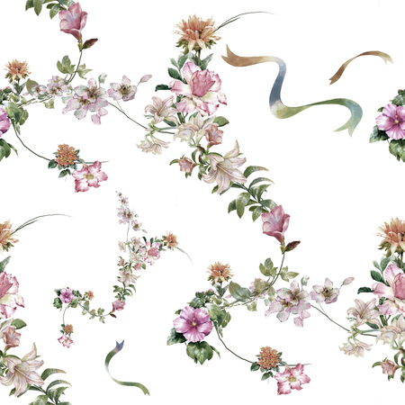 Watercolor painting of leaf and flowers, seamless pattern on white backgroundの写真素材